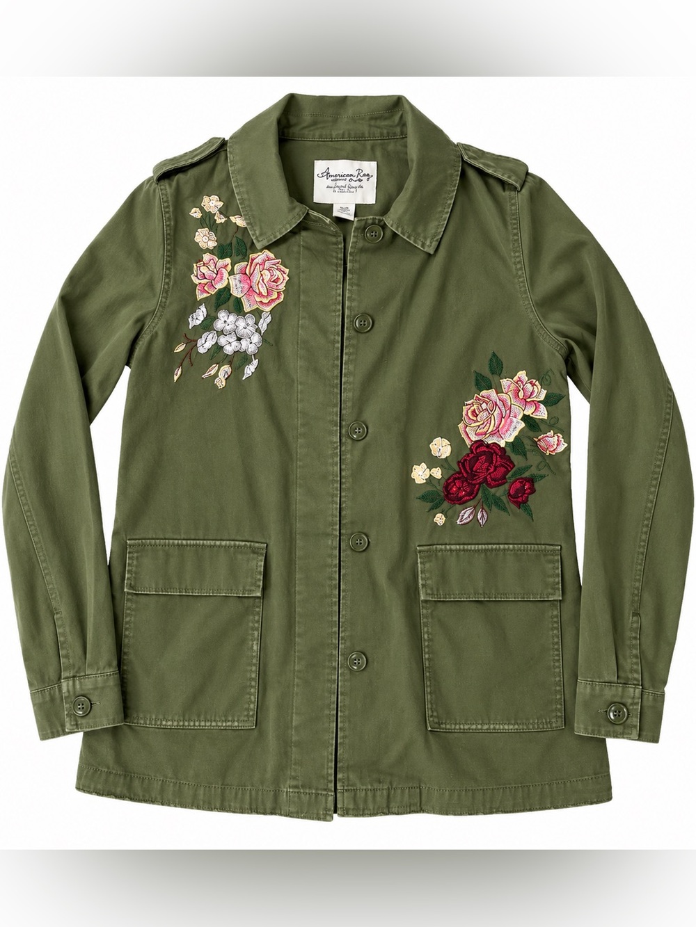 NWT American Rag Cie Floral Embroidered Military Utility Jacket Olive Green